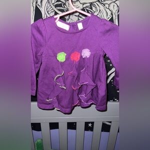 Kids Headquarters Purple and Green Long Sleeve Tee with Pom-Pom Accents
